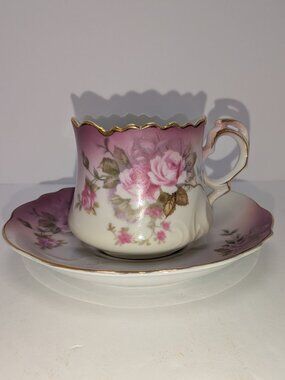 VINTAGE Lefton China Coffee Teacup & Saucer "Heavenly Rose" 2758 Hand Painted